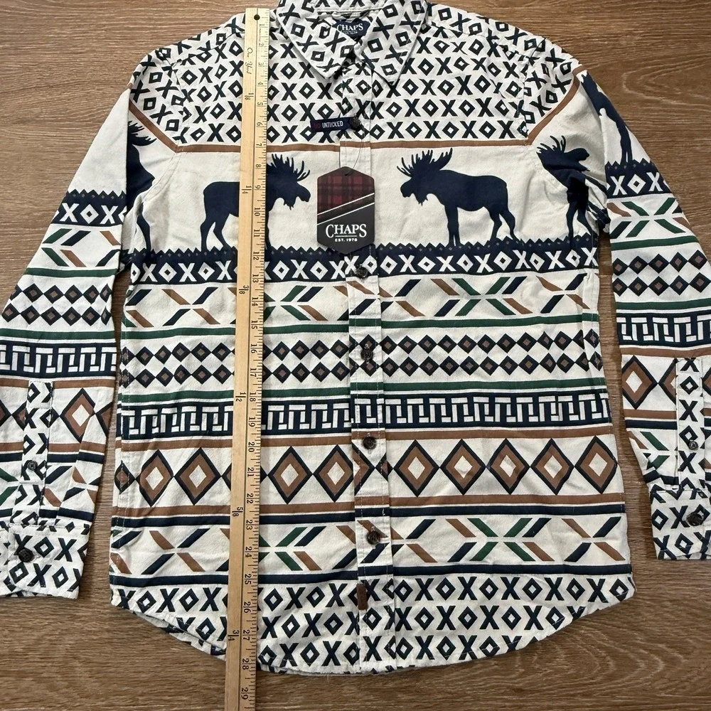 Chaps Men's S Moose Print Button Down Shirt Untucked 100% Cotton NWT Cabin Core - Picture 6 of 12